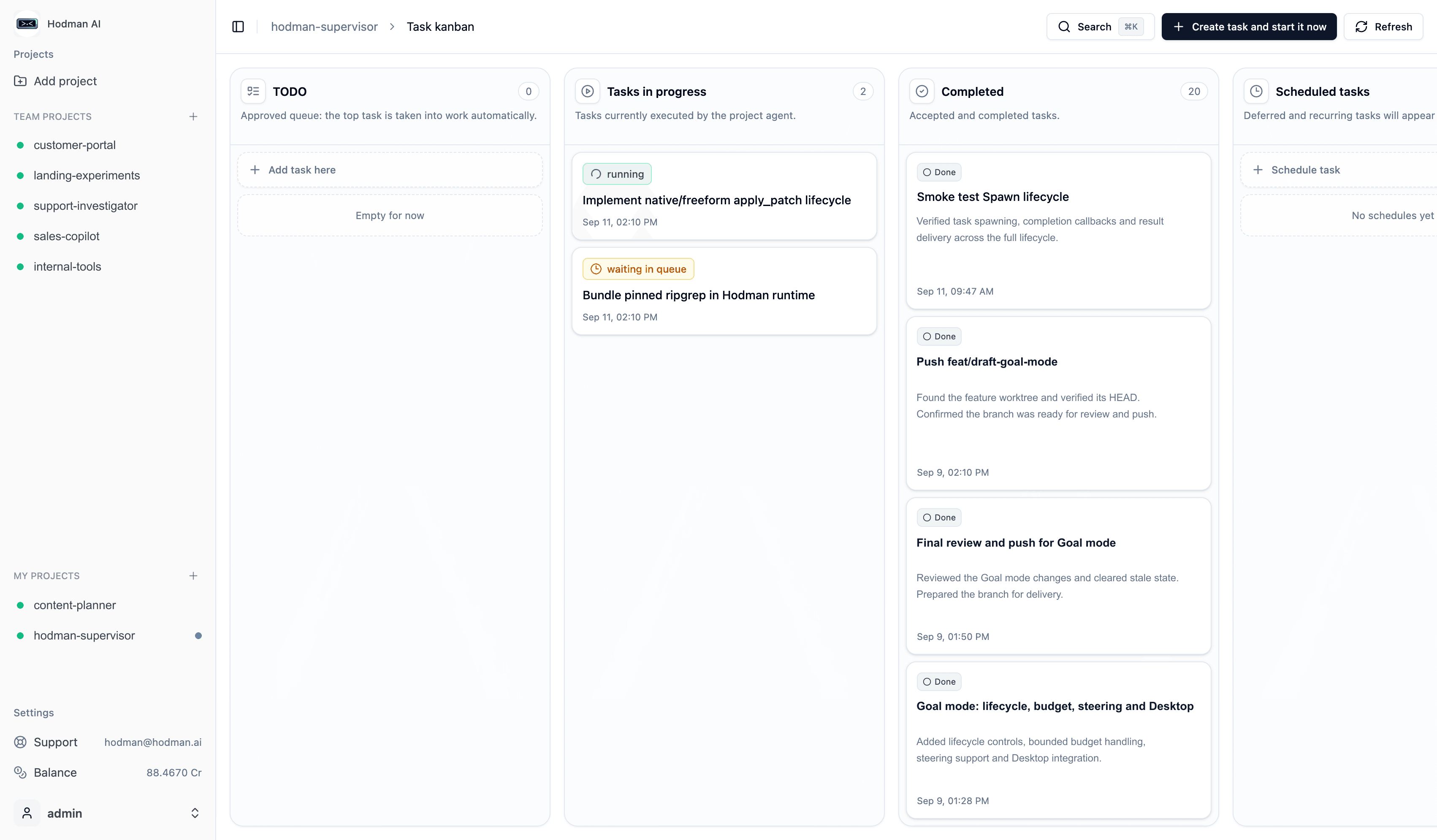 Hodman project Kanban with running, queued and completed agent tasks