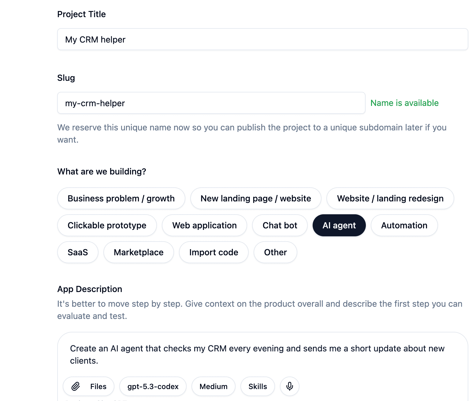 CRM helper project prompt in Hodman Desktop